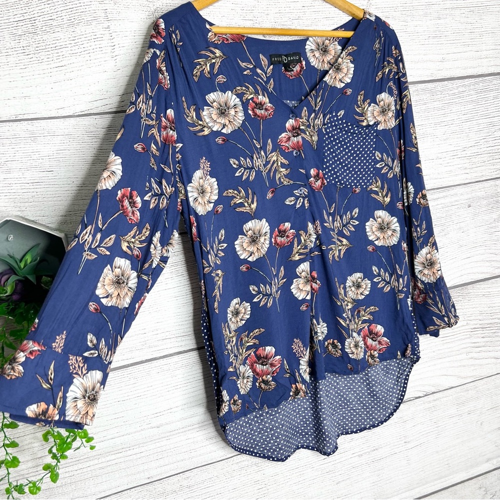 Fred David Blue Floral & Polka Dot Casual Top Size Large Designer Boho Fall